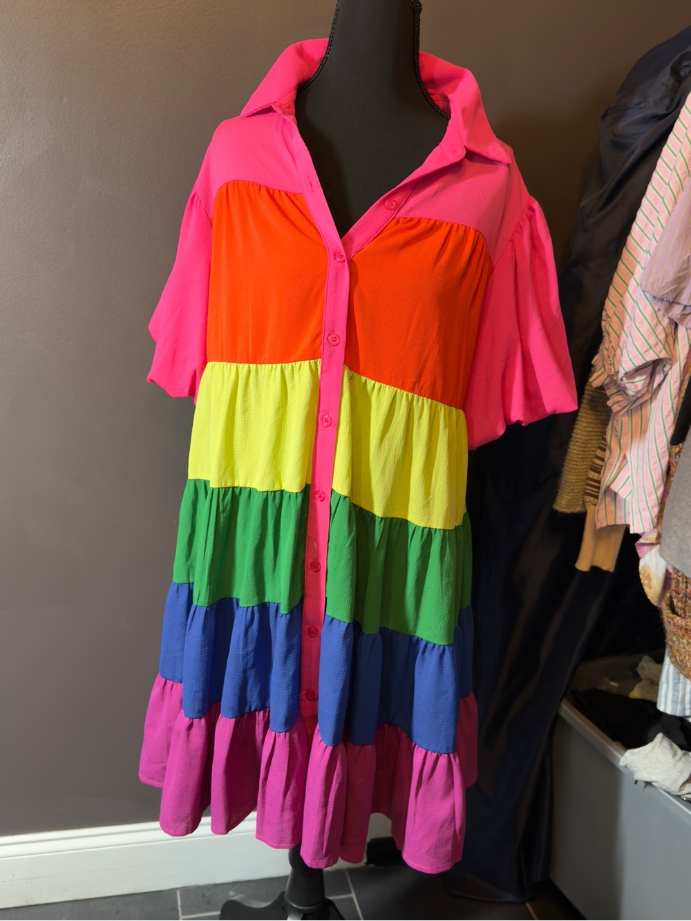JODIFL Neon Pink Button-Front Tiered Rainbow Dress